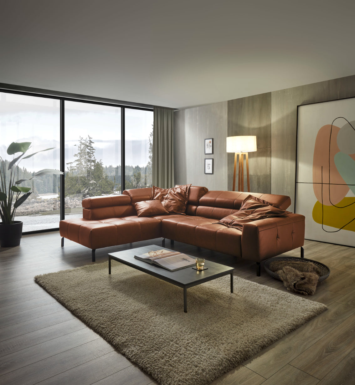 2 seater armrest left with manual headrest adj. - 
corner element right with manual headrest adjustment, 
leg 236 black matt (SH 42 cm),W 273-276 x D 219 cm